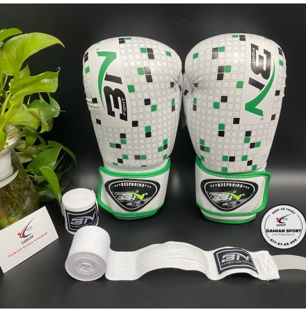 Combo Găng Tay Boxing BN Caro Letris ( Trắng ) + Băng Quấn Tay BN 3m ( cặp )