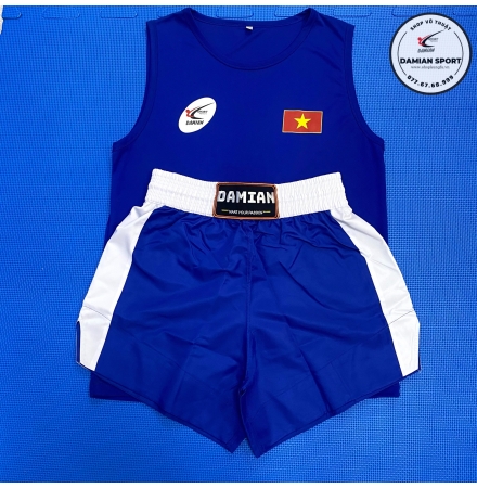 Quần Áo Kick Boxing Damian Cao Cấp, Màu Xanh dương - Bộ