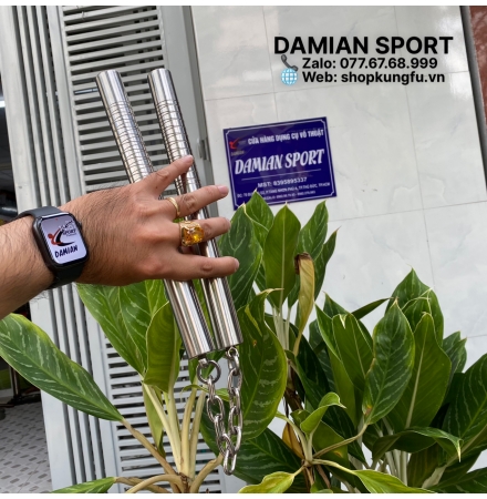 Côn Nhị Khúc Inox Chiến Tiện Vân, Đầu Trục Xoay, Dây Xích, 450gram ( Bộ )