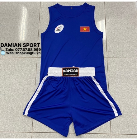  Quần Áo Kick Boxing Damian, Vải Thun, Màu Xanh dương - Bộ
