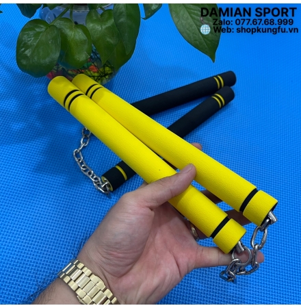 Côn Nhị Khúc Bọc Xốp Trẻ Em Lõi Nhựa - ĐầuTrục Xoay Dây Xích - Màu Vàng ( Bộ )