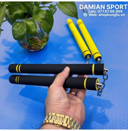 Côn Nhị Khúc Bọc Xốp Trẻ Em Lõi Nhựa - ĐầuTrục Xoay Dây Xích - Màu Đen ( Bộ )