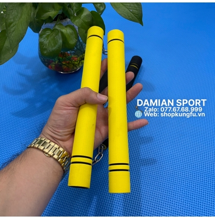 Côn Nhị Khúc Bọc Xốp Lõi Inox, Dây Xích Trực Tiếp - Màu Vàng ( Bộ )