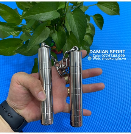 Côn Nhị Khúc Inox Rút Gọn - Đầu Trục Xoay Dây Xích ( Bộ )