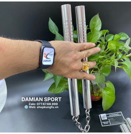 Côn Nhị Khúc Inox Chiến Tiện Vân, Đầu Trục Xoay, Dây Xích, 340gram ( Bộ )