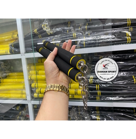 Côn Nhị Khúc Bọc Xốp Lõi Inox, Đầu Trục Xoay Dây Xích - Màu Đen ( Bộ )