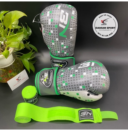 Combo Găng Tay Boxing BN Caro Letris ( Xám ) + Băng Quấn Tay BN 5m ( cặp )