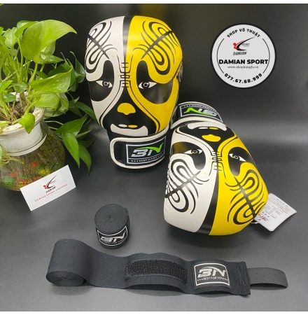 Combo Găng Tay Boxing BN Face Beijing Opera ( Vàng ) + Băng Quấn Tay BN 5m ( cặp )