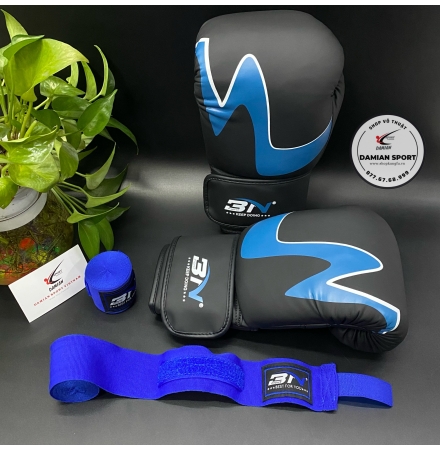 Combo Găng Tay Boxing BN C01( Đen Xanh ) + Băng Quấn Tay BN 3m ( cặp )