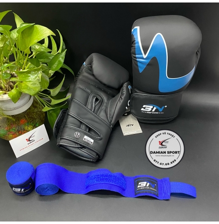 Combo Găng Tay Boxing BN C01( Đen Xanh ) + Băng Quấn Tay BN 5m ( cặp )