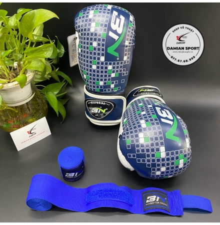 Combo Găng Tay Boxing BN Caro Letris ( Xanh Dương ) + Băng Quấn Tay BN 5m ( cặp )